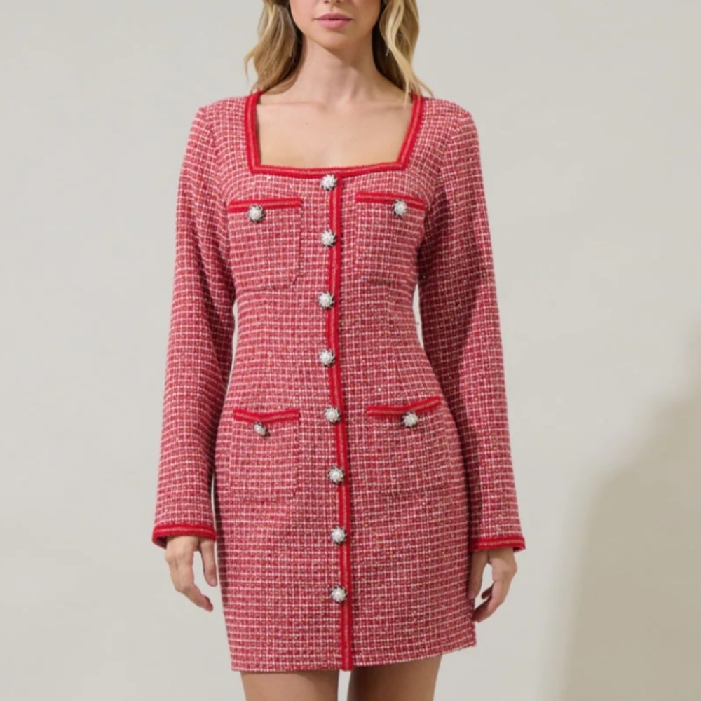 Sugarlips Red Bouclé Tweed Dress Pearl Button Metallic Thread 3/4 Sleeve